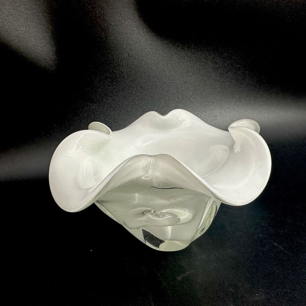 Vtg White Cased Art Glass Handkerchief Bowl MCM Sculptural Decor Murano Style